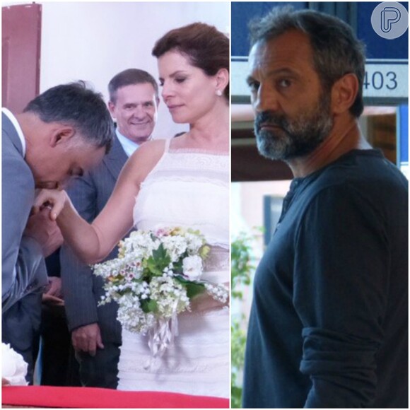 Lígia (Débora Bloch) se casa com Vicente (Angelo Antonio) no dia em que Miguel (Domingos Montagner) reaparece, em 'Sete Vidas', em 16 de março de 2015