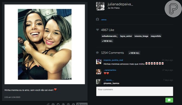 Em foto no Instagram, fã de Anitta faz declaração: 'Sem você não sei viver'