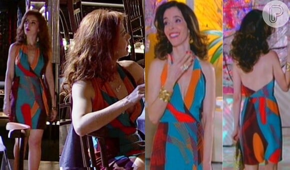 Laura (Simone Soares) de 'O Astro' volta a repetir um figurino de 'Caras & Bocas' ao usar o vestido de Judith (Deborah Evelyn)