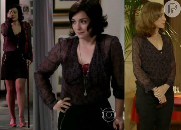 Miss Lauren (Betty Gofman), de 'Em Família', usou a camisa de Renata (Regiane Alves), de 'Sangue Bom'