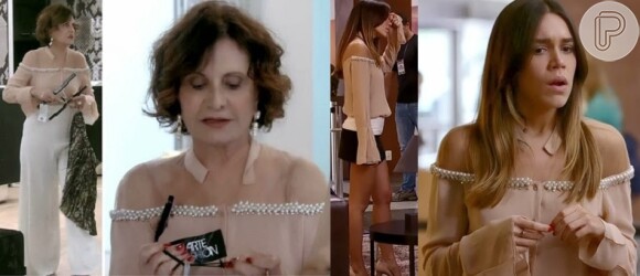 A camisa usada por Tamara (Rosamaria Murtinho) na novela 'Amor à Vida' foi antes de Mel (Carla Salle) na novela 'Sangue Bom'