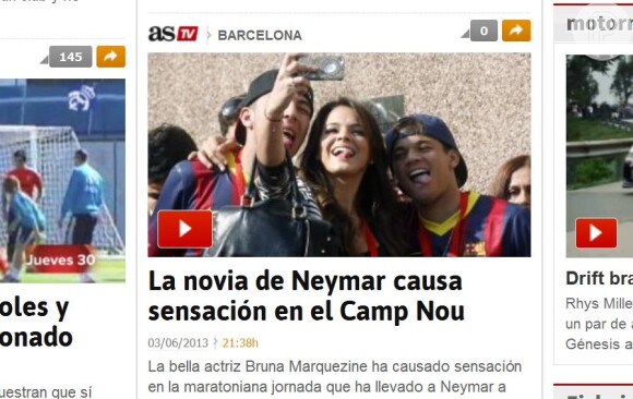 Bruna Marquezine foi destaque na mídia espanhola no dia em que Neymar virou oficialmente jogador do Barcelona