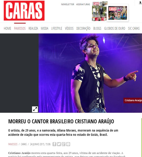 O site da revista 'Caras', de Portugal, escreveu: 'Morreu o Cantor Brasileiro Cristiano Araújo'