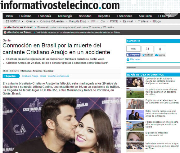 O portal do canal de web 'Tele 5' relembrou a comoção nacional após a morte de Cristiano Araújo
