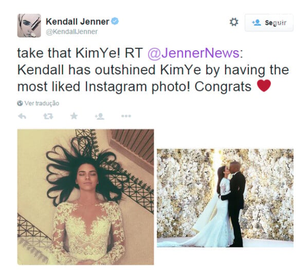 Kendall Jenner compartilhou no tuiter a notícia de que havia superado a Kim Kardashian e Kanye West no número de likes em foto