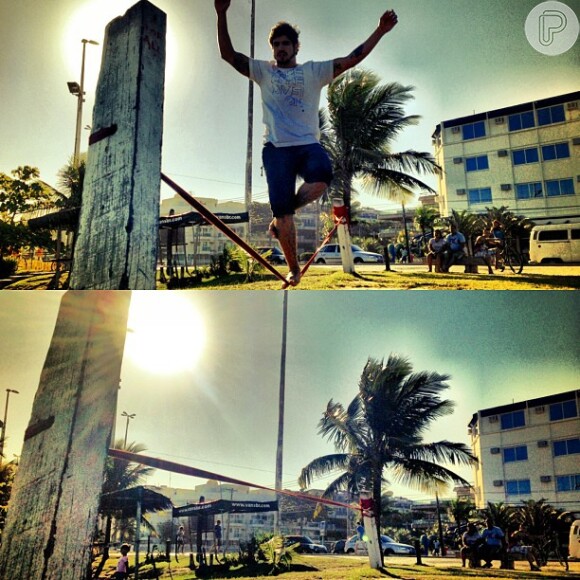 Caio Castro praticou slackline na praia do Pepê, na Barra da Tijuca, Zona Oeste do Rio
