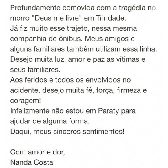 'Infelizmente não estou em Paraty para ajudar', lamentou Nanda Costa, que postou a foto de seu desabafo