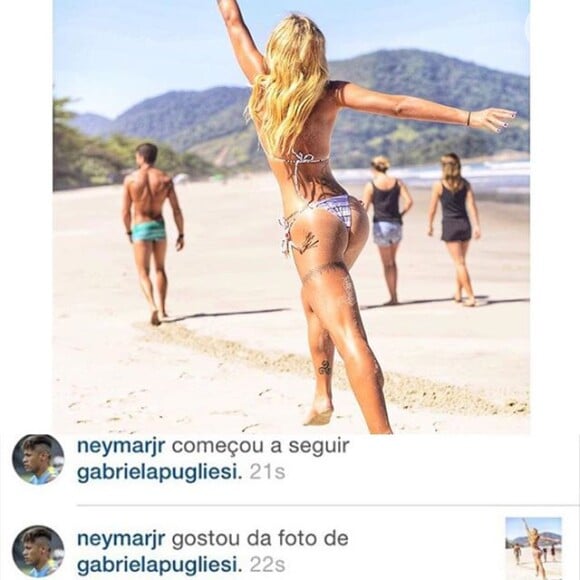 Os rumores começaram após Neymar curtir uma foto que mostra o bumbum de Gabriela Pugliesi e, em seguida, passar a seguir a loira nas redes sociais