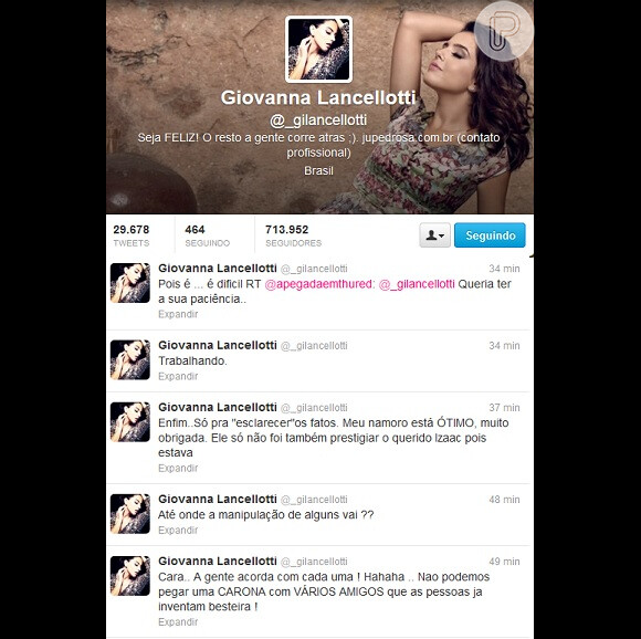 Giovanna Lancellotti usou seu perfil no Twitter para esclarecer a nota publicada. 'As pessoas inventam besteira. Meu namoro está ótimo'