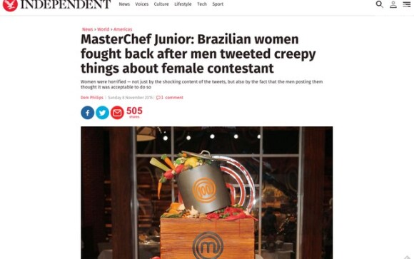 'Independent' também contou história da jornalista Juliana Faria, que criou hashtag para falar sobre assédio depois do caso de pedofilia no 'MasterChef Júnior'