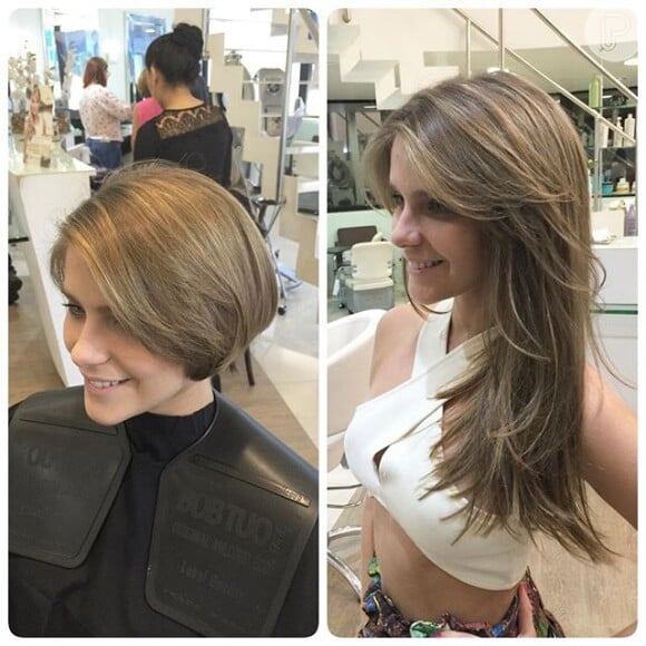 Leandro Neves, o cabeleireiro responsável pelo alongamento dos fios, também compartilhou uma imagem do antes e depois da atriz em sua rede social