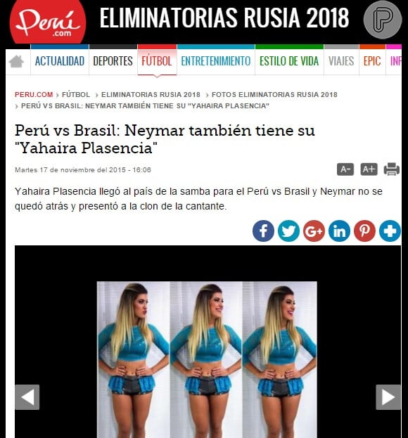 Detalhe de site peruano cravando Lorena Improta como affair do jogador do Brasil