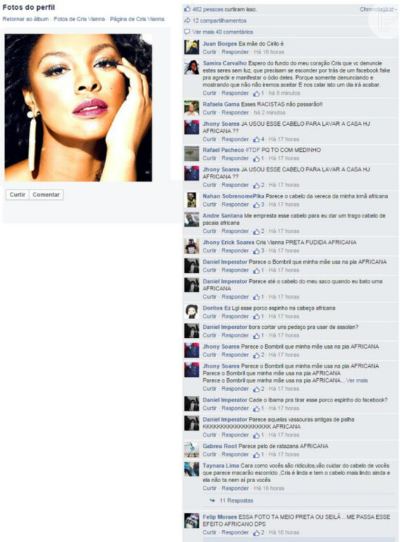 Em sua foto de perfil no Facebook, Cris Vianna recebeu diversos comentários racistas