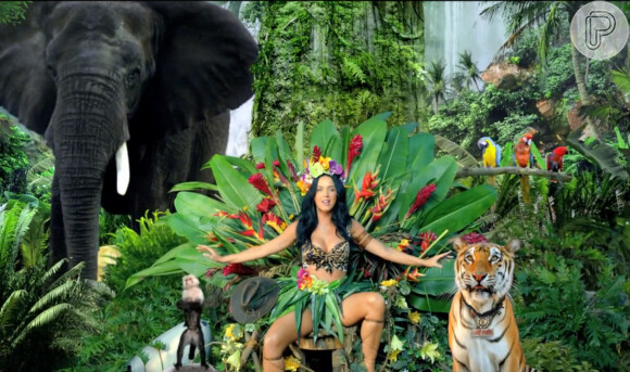 Katy Perry, a rainha, aparece com diversos animais a sua volta no clipe de 'Roar'