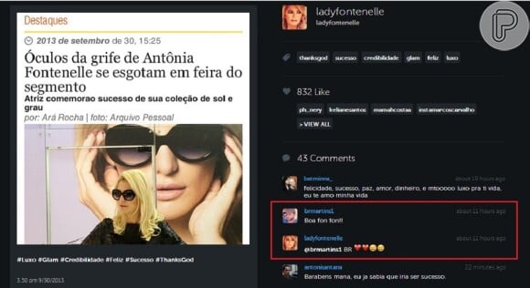 Antonia Fontenelle e Bruno Martins trocam mensagens carinhosas por meio dos comentários do Instagram. A atriz e o assistente de direção da TV Globo foram flagrados aos beijos no Rock in Rio