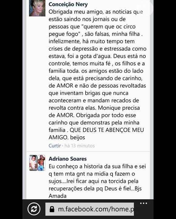 Mãe de Monique Evans, Conceição Nery, diz no Facebook que a filha está precisando de carinho