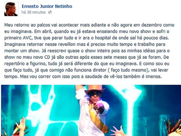 Netinho postou a mensagem no Facebook na noite desta segunda-feira, 18 de novembro de 2013