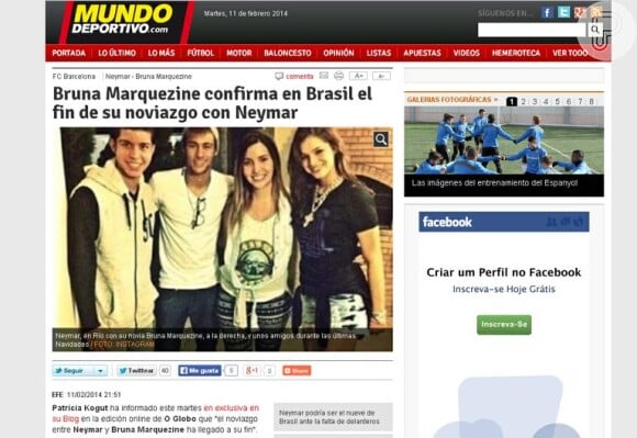 Término de Neymar e Bruna Marquezine é noticiado pelo veículo espanhol 'Mundo Desportivo'