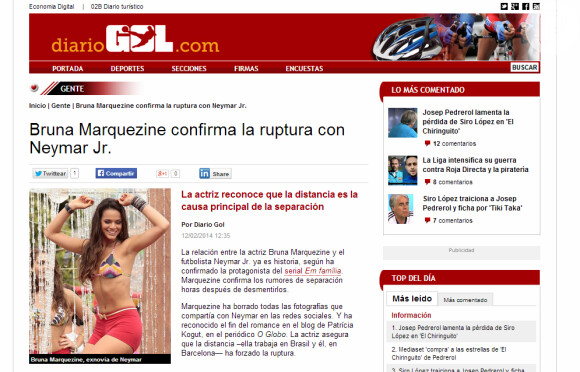 Rompimento de Neymar e Bruna Marquezine ganhou destaque na imprensa espanhola, como no site esportivo 'Diario Gol'