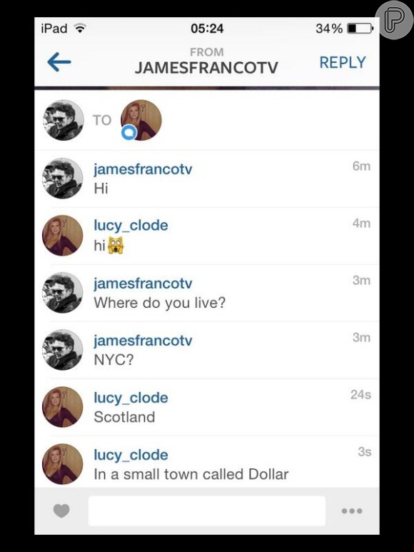 James Franco paquera Lucy Code por mensagem direta do Instagram