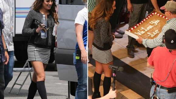 Lea Michele ganha bolo nos bastidores das gravações de 'Glee'