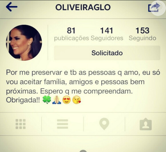 Em sua conta no Instagram, Graciele Lacerda avisa que só aceita conhecidos