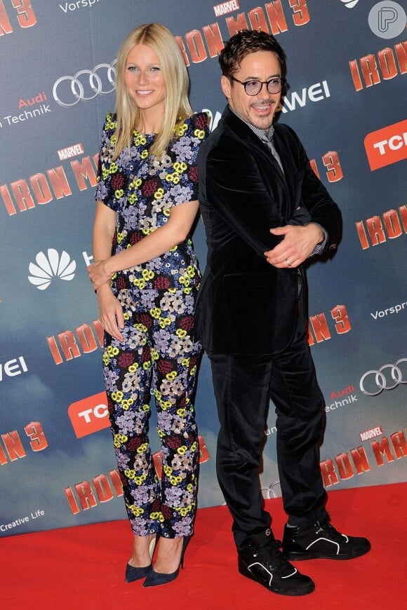 Gwyneth Paltrow e Robert Downey Jr. durante o lançamento do filme 'Iron Man 3'