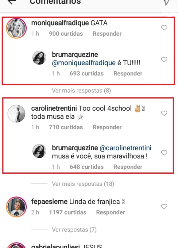 Bruna Marquezine ganhou comentários de Carol Trentini e Monique Alfradique