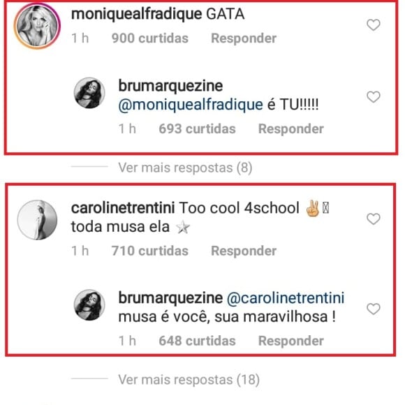 Bruna Marquezine ganhou comentários de Carol Trentini e Monique Alfradique