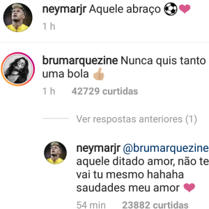 Bruna Marquezine comentou foto de Neymar com a bola neste domingo, 1 de junho de 2018