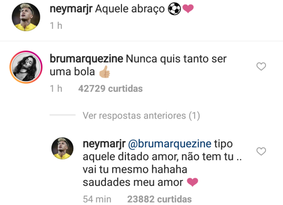 Bruna Marquezine comentou foto de Neymar com a bola neste domingo, 1 de junho de 2018