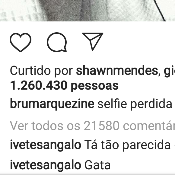 Ivete Sangalo se comparou a Bruna Marquezine em uma foto publicada no Instagram da atriz