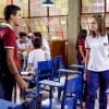 Raquel (Isabella Moreira) fica com ciúme ao ver Guilherme (Lawrran Couto) beijar Mirela (Larissa Manoela) em filme na novela 'As Aventuras de Poliana'