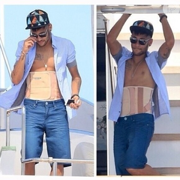 Neymar, que ainda usa uma cinta abdominal por conta da lesão sofrida na Copa do Mundo no Brasil, curte férias 