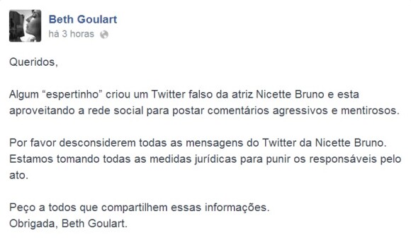 Beth Goulart alertou no Facebook a existência do perfil falso