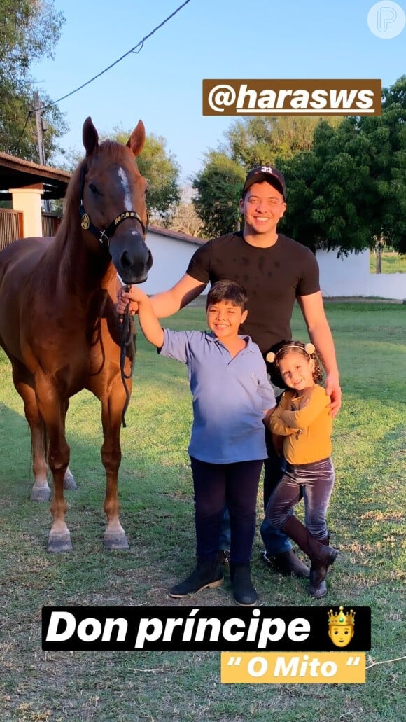 Wesley Safadão posa com os filhos e o cavalo de Dom
