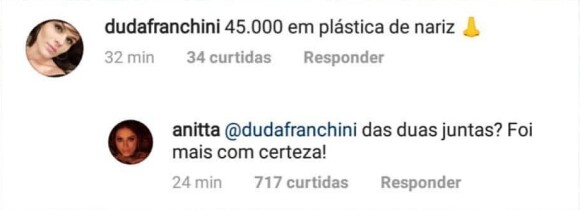 Anitta rebate comentário de fã sorbe plástica no nariz