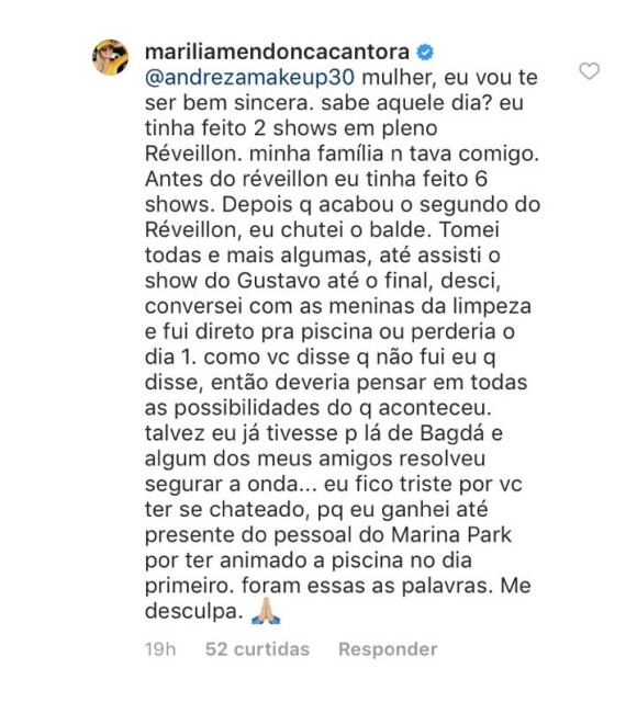 Marília Mendonça se defende de crítica de internauta