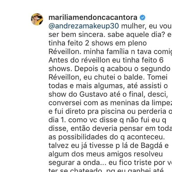 Marília Mendonça se defende de crítica de internauta