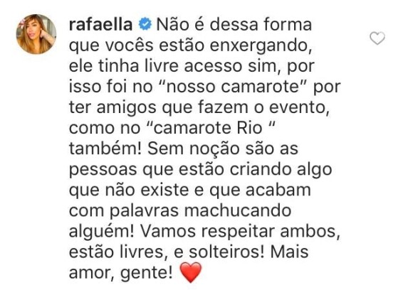 Rafaella Santos explicou que Neymar não foi ao camarote para provocar Bruna Marquezine.