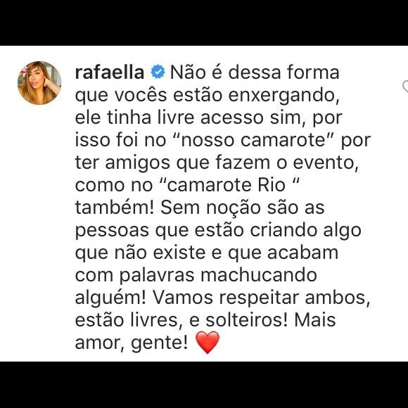 Rafaella Santos explicou que Neymar não foi ao camarote para provocar Bruna Marquezine.