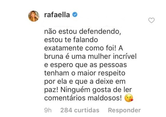 Rafaella Santos defendeu o irmão, Neymar, e a ex-cunhada, Bruna Marquezine, em um comentário no Instagram.