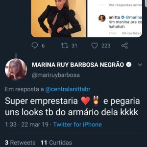 Anitta recebe elogios de Marina Ruy Barbosa no Instagram