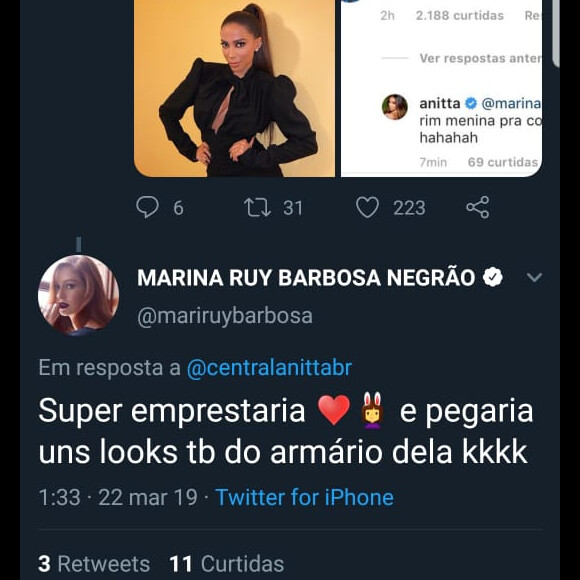 Anitta recebe elogios de Marina Ruy Barbosa no Instagram