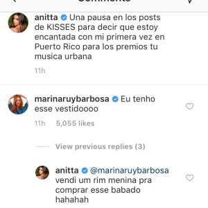 Anitta recebe elogios de Marina Ruy Barbosa no Instagram