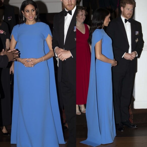 Meghan Markle, em jantar de gala durante a tour a Oceania, evidenciou a barriguinha com um longo com capa Safiyaa