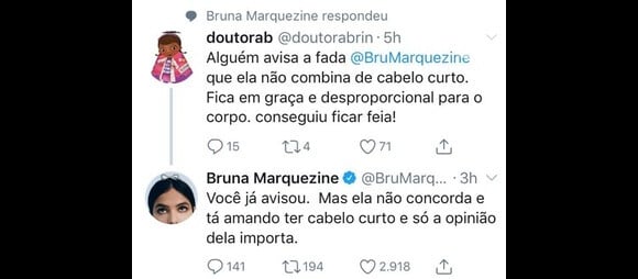 Bruna Marquezine reagiu ao ser criticada no Twitter por conta do cabelo curto