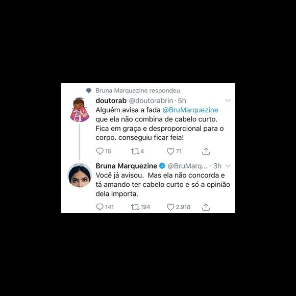 Bruna Marquezine reagiu ao ser criticada no Twitter por conta do cabelo curto