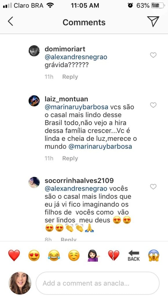 Marina Ruy Barbosa respondeu o amado com um coração e um emoji de uma família formada por um homem e uma mulher e dois filhos