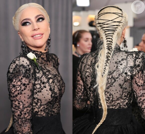 Lady Gaga com os fios trançados no estilo espartilho com uma fita